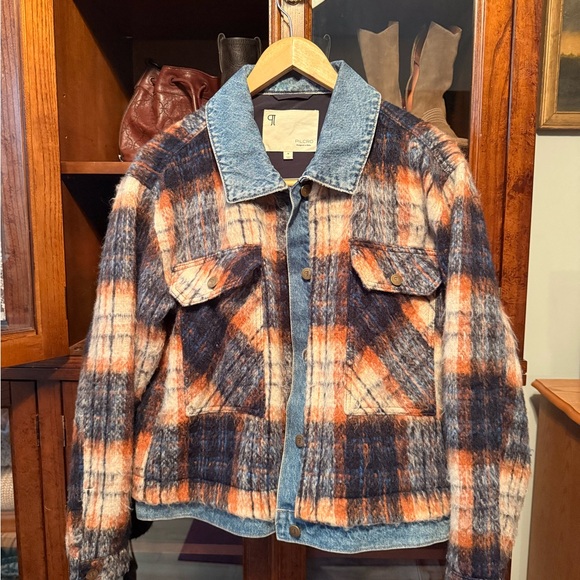 Pilcro Jackets & Blazers - Pilcro Plaid Wool-Blend Shirt Jacket in Rust and Navy with Denim Trim
